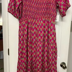 Vibrant Pink and Yellow Floral Dress with Pockets